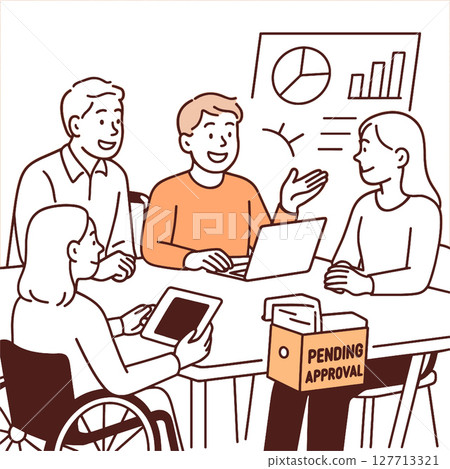 Collaborative meeting with team discussing project status and pending approval Collaborative meeting with team discussing project status and pending approval 127713321