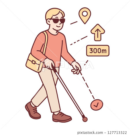 Person using cane navigates with confidence, aided by visual cues and technology 127713322
