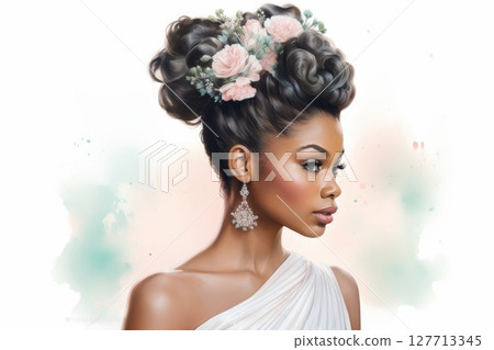 Watercolor illustration of african bride with floral hair adornments and elegant white dress. concept of wedding beauty, bridal elegance, floral hair accessories 127713345