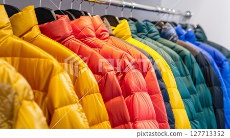 Colorful winter jackets on clothing rack in boutique store. concept of fashion, seasonal outerwear, clothing display, retail shopping, trendy style, coat collection, warmth Colorful winter jackets on clothing rack in boutique store. concept of fashion, seasonal outerwear, clothing display, retail shopping, trendy style, coat collection, warmth 127713352
