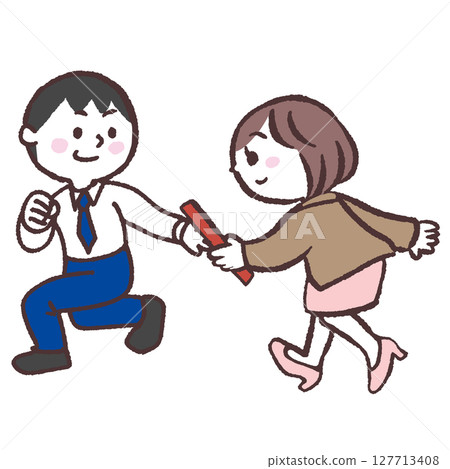 一位女士將接力棒傳給一位男士的插圖 一位女士將接力棒傳給一位男士的插圖 127713408