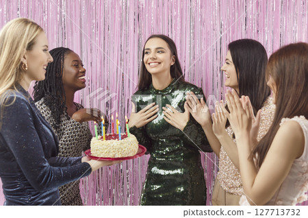Friends Celebrating Womans Birthday With Cake Friends Celebrating Womans Birthday With Cake 127713732