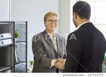 Woman and man shaking hands, smiling suggesting new positive interaction, greeting, agreement 127713775