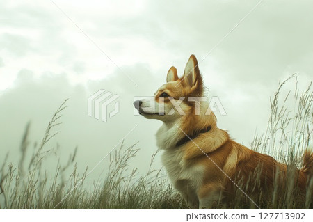 Cute Corgi dog stands on a green meadow on a sunny spring day side view. 127713902