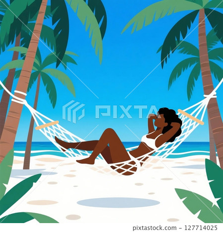 A simple illustration of a woman taking a rest in a hammock on a palm tree at a beautiful summer beach A simple illustration of a woman taking a rest in a hammock on a palm tree at a beautiful summer beach 127714025