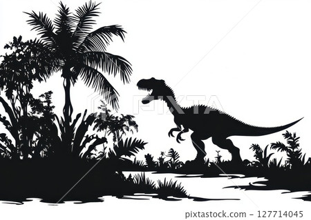 Dinosaur silhouette in a prehistoric jungle landscape with lush vegetation and palm trees during an evening setting 127714045