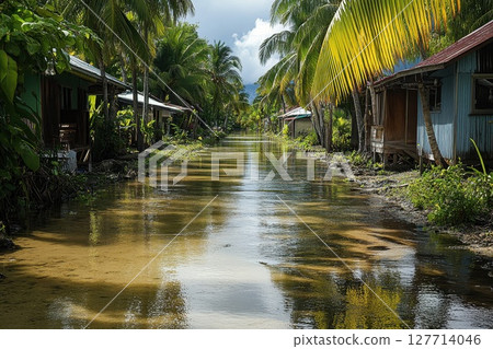 Flooded street in a tropical village following heavy rain with palm trees lining the waterway during daylight Flooded street in a tropical village following heavy rain with palm trees lining the waterway during daylight 127714046