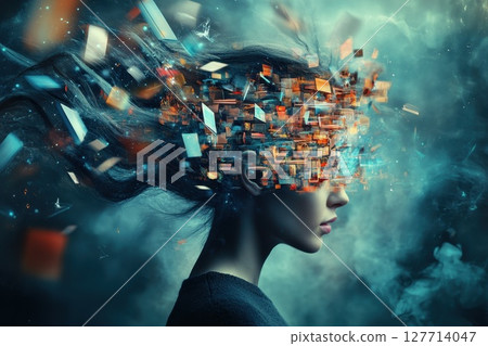 Woman with fragmented thoughts surrounded by colorful digital elements at night in an abstract setting exploring creativity and imagination 127714047
