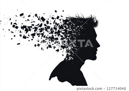 Conceptual representation of thoughts dispersing from a human silhouette in a creative illustration 127714048