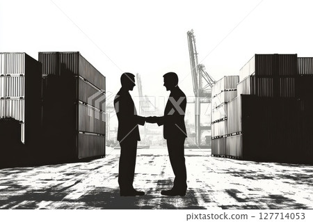 Two business professionals shaking hands at a shipping port during daytime with cargo containers in the background while cranes operate in the distance 127714053