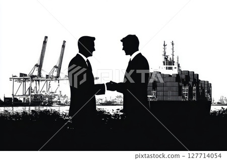 Business partners shaking hands at a busy shipping port during twilight hours with cargo containers and cranes in the background Business partners shaking hands at a busy shipping port during twilight hours with cargo containers and cranes in the background 127714054