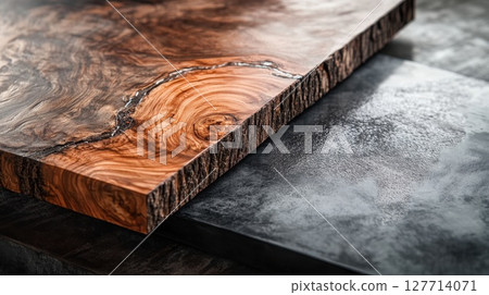 Beautifully crafted wood and stone textures displayed in a contemporary setting showcasing natural patterns in craftsmanship during daylight 127714071