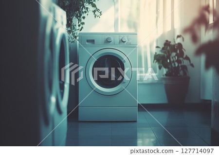 White washing machine in a sunlit laundry room with green plants and tiled floor during the morning 127714097