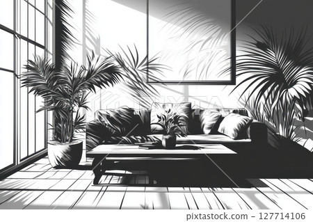 Living room with a cozy couch and plants, showcasing sunlight and shadows in a modern interior design setting 127714106