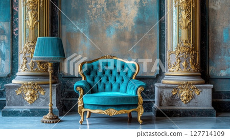 Elegant turquoise armchair in a lavishly decorated historic room with ornate golden columns and a stylish lamp 127714109