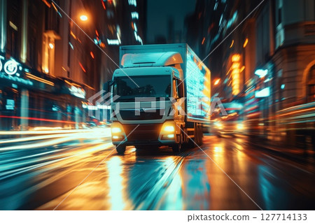 Nighttime urban delivery truck maneuvering through busy streets with vibrant city lights illuminating the surroundings 127714133