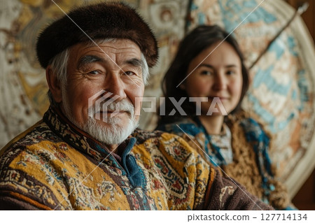 Portrait of a wise elder and a young woman dressed in traditional clothing, showcasing cultural heritage and connection, captured in a cozy setting with intricate backgrounds 127714134