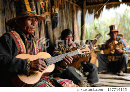 Musicians perform traditional melodies inside a rustic dwelling in the Andes mountains during a cultural gathering focused on heritage and community connection 127714135