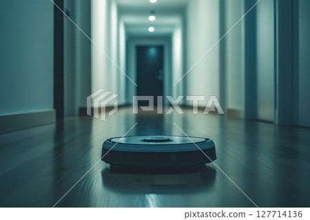 Robotic vacuum cleaner navigating a dimly lit hallway in a modern home during the evening hours 127714136