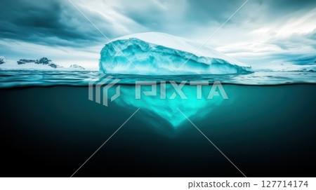 Majestic iceberg floating in icy waters under dramatic cloudy sky with reflections captured in the serene environment of the polar region Majestic iceberg floating in icy waters under dramatic cloudy sky with reflections captured in the serene environment of the polar region 127714174