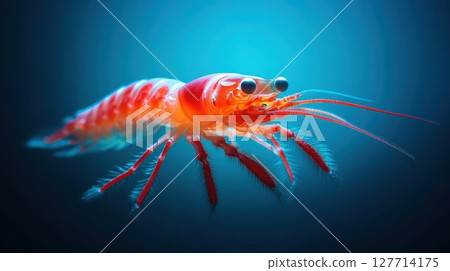 Colorful shrimp swims gracefully in clear blue water showcasing vibrant hues and fine details of marine life at an aquarium habitat during daylight hours 127714175