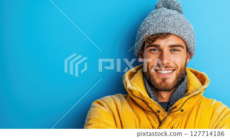 Smiling young man wearing yellow winter coat and gray hat in front of blue background during a cold day 127714186