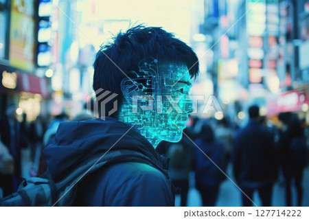 Digital transformation and urban life in Tokyo with a futuristic blend of technology and human presence during a busy evening in Shibuya district 127714222