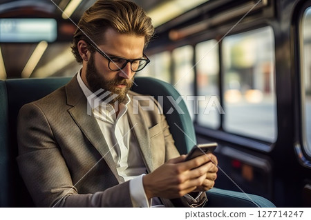 On-the-Go Connectivity Businessman Seamlessly Navigates Work on Smartphone While Travelling by Train, Illustrating Modern Professionalism in Mobile Commuting. created with Generative AI 127714247