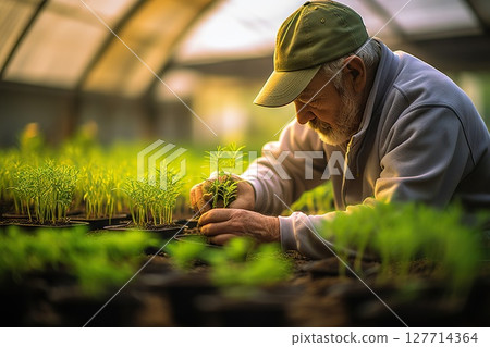 Blossoming Harvest Farmer Tenderly Caring for Young Plant Seedlings in a Spring Garden, Cultivating the Organic Symphony of Sustainable Agriculture. created with Generative AI 127714364