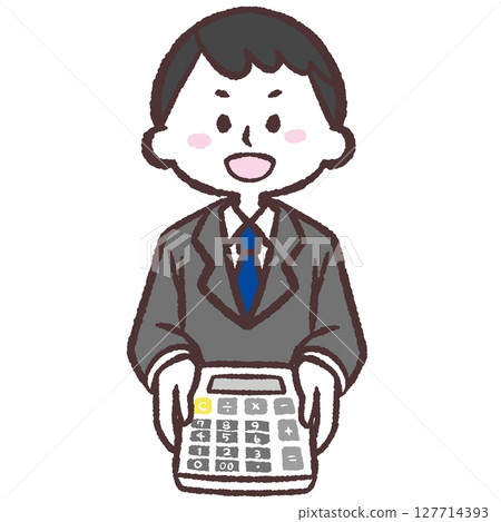 Illustration of a man smiling and showing a calculator Illustration of a man smiling and showing a calculator 127714393
