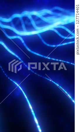 Flowing glowing blue lines on a dark background, representing digital currents or wave energy Flowing glowing blue lines on a dark background, representing digital currents or wave energy 127714401