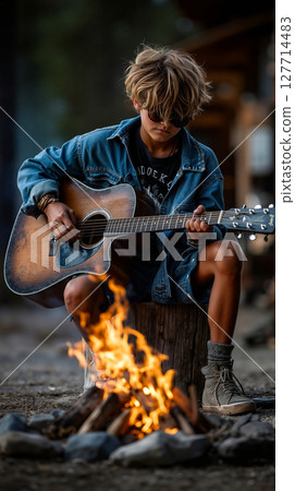 A young man sitting on a stump playing a guitar by a campfire 127714483