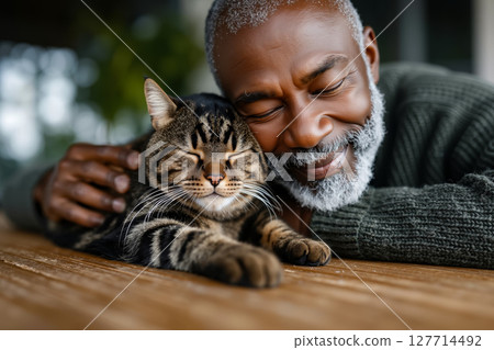 A man laying on a table with a cat on his lap A man laying on a table with a cat on his lap 127714492