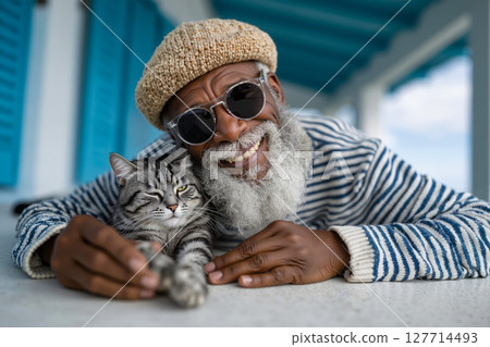 A man with a white beard and a cat laying on a table 127714493