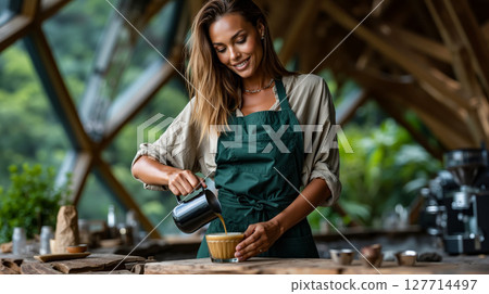 A woman in an apron pouring coffee into a cup 127714497