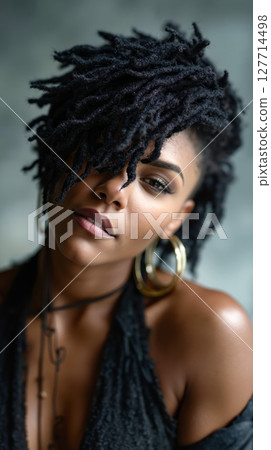 A woman with dreadlocks wearing a black top and gold hoop earrings 127714498