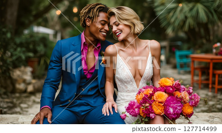 A man and a woman sitting next to each other on a stone wall 127714499