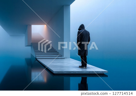 A man in a hooded jacket standing on a platform in front of a stairway 127714514