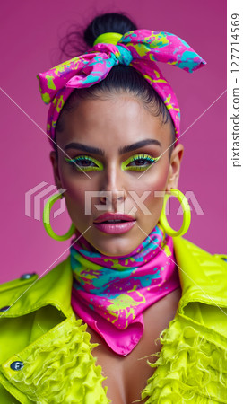 A woman wearing a bright yellow jacket and a pink bandana 127714569