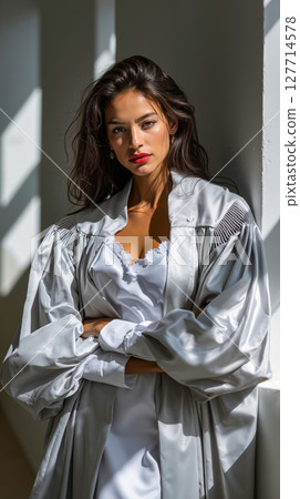 A woman wearing a white robe leaning against a wall 127714578