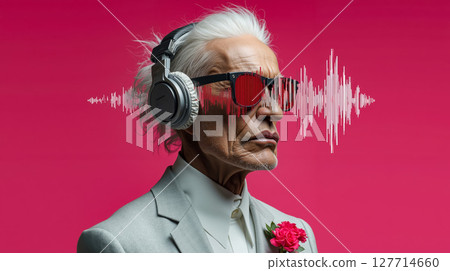 A man in a suit and sunglasses with headphones on A man in a suit and sunglasses with headphones on 127714660