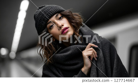 A woman wearing a black hat and scarf 127714667