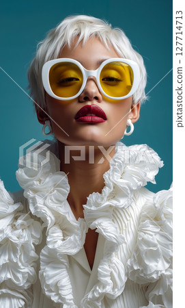 A woman with white hair wearing a white dress and yellow sunglasses 127714713