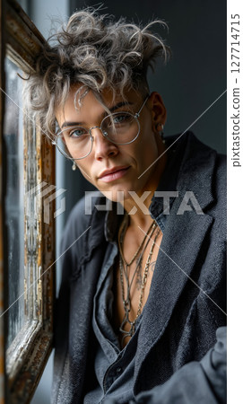 A woman with short hair and glasses leaning against a window 127714715