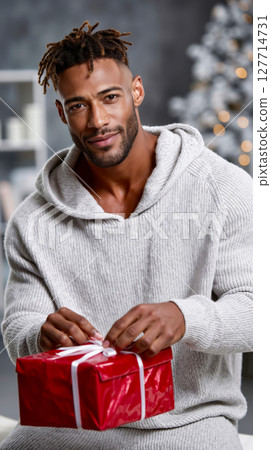 A man in a gray sweater holding a red gift box A man in a gray sweater holding a red gift box 127714731