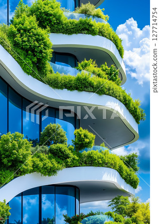 A tall building with plants growing on the side of it 127714754
