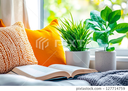 A book sitting on a couch next to a potted plant on a window sill 127714759