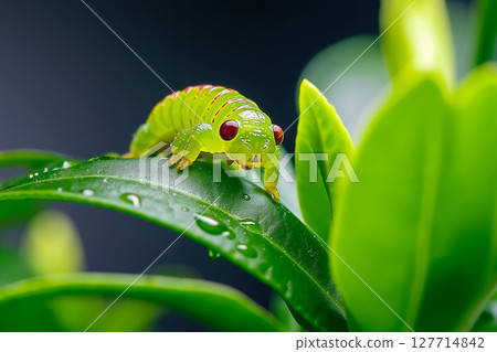 A green caterpillar sitting on top of a green leaf 127714842