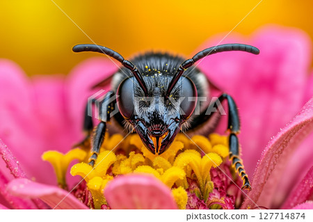 A close up of a bee on a pink flower 127714874