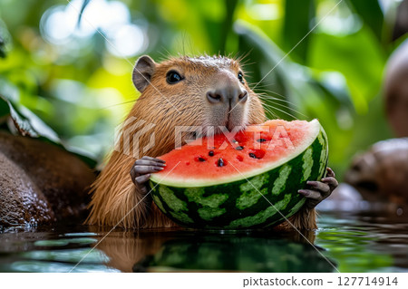 A capybara eating a watermelon in the water 127714914